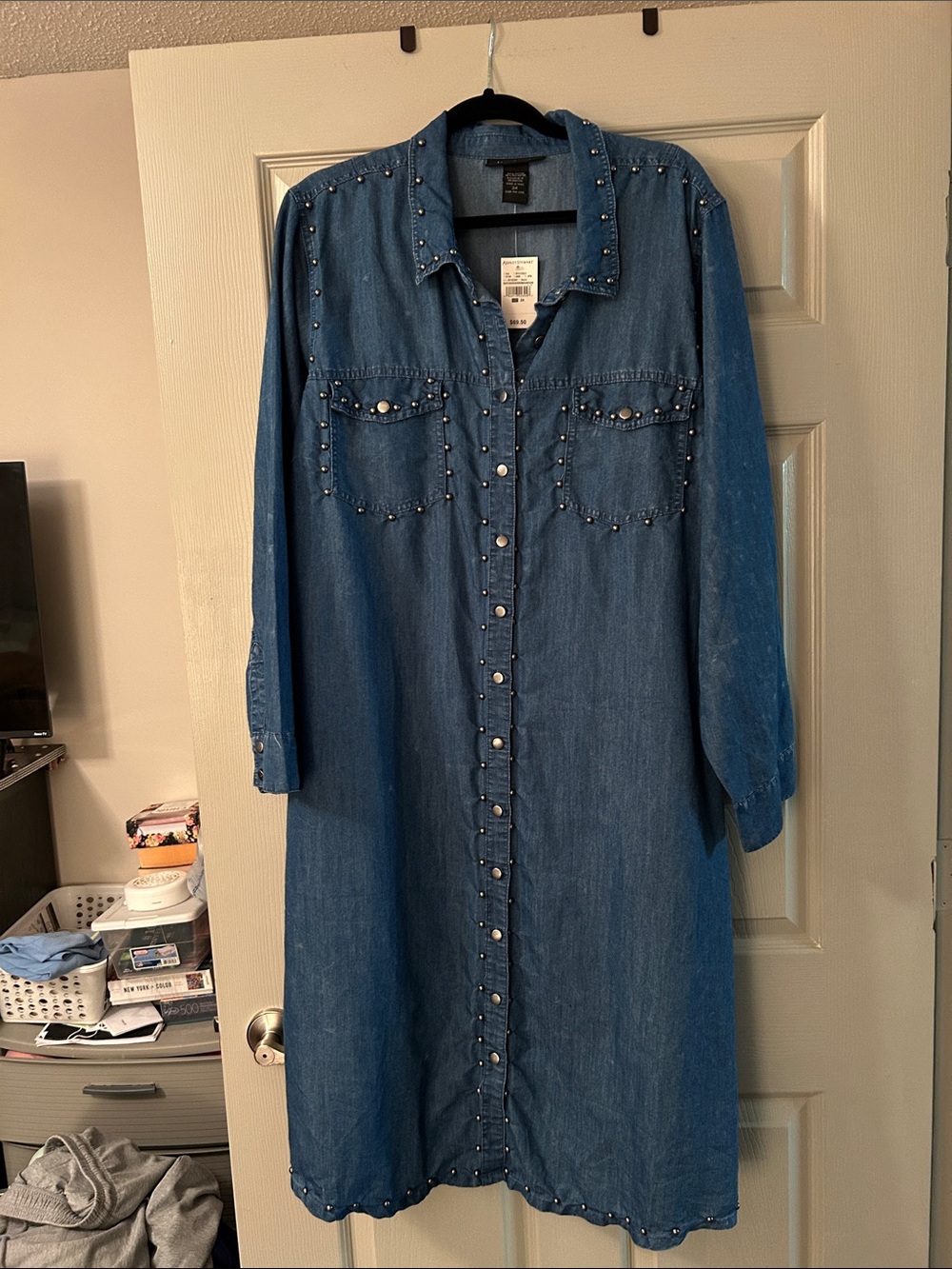 Ashley Stewart Blue Denim Studded Shirt Dress